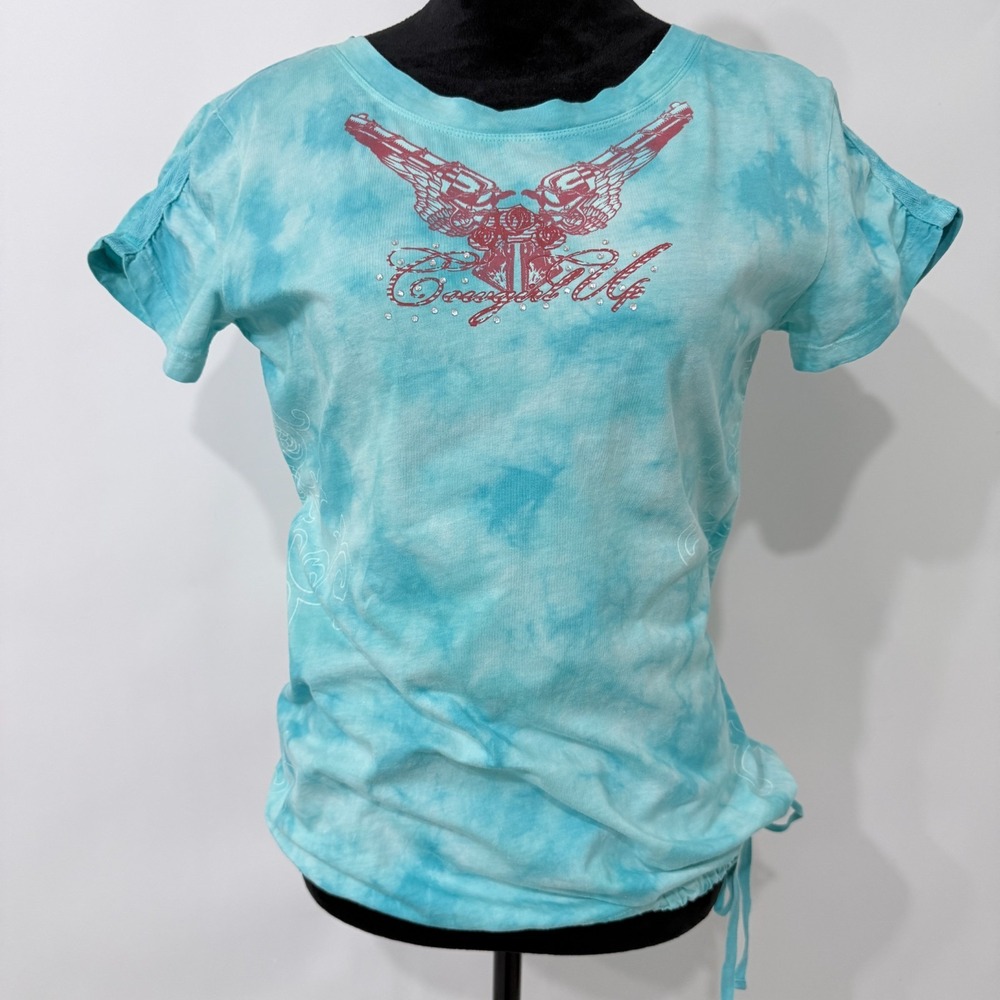 Cowgirl Up Rhinestone Winged Revolver Graphic Western T‎ Shirt Womens L Blue